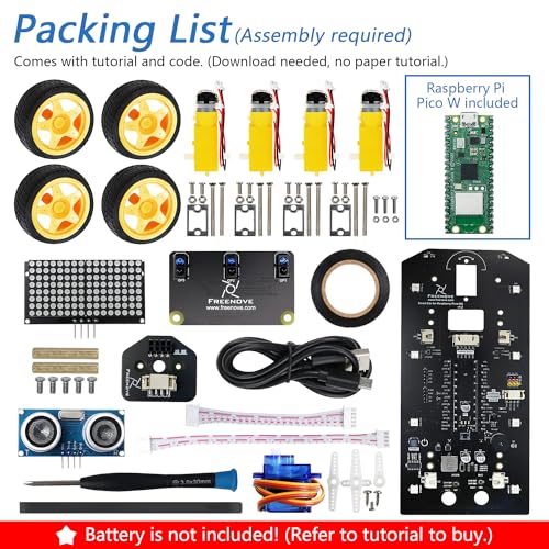Freenove 4WD Car Kit for Raspberry Pi Pico W (Included) (Compatible with Arduino IDE), Dot Matrix Expressions, Obstacle Avoidance, Line Tracking, Light Tracing, Colorful Light, App - color: Ordinary Wheels with Raspberry Pi Pico W