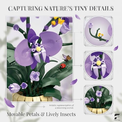 Botanicals Orchid Kit for Adults – 832Pcs Purple Charm Phalaenopsis Toy Building Blocks, Artificial Flower Bouquet with Pot, Lifelike Plant Decor for Home Office, Unique Gifts for Girls, Mom, Wife