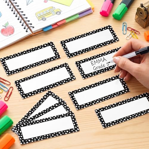 Eaasty 48 Pcs Dry Erase Magnetic Labels Reusable Magnetic Name Tag for Whiteboard Locker Fridge Classroom School Office Home(White Painted Dots on Black) - style: White Painted Dots on Black
