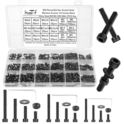 900Pcs Black Hex Socket Head Cap Screws Bolts Nuts Washers Assortment, Grade 12.9 Alloy Steel, Small M2 M2.5 M3 Allen Head Machine Bolts Nuts and Flat Washers Set, Fully Threaded, Come With Hex Wrench