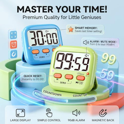 2 Pack Digital Timer for Kids Teacher Classroom Kitchen Office - color: Green + Blue