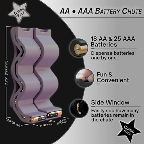 AA & AAA Battery Chute Combo, Wall-Mounted Battery Organizer & Dispenser – No-Jam FIFO Design, Holds 18 AA & 25 AAA Batteries – Purple - color: Purple