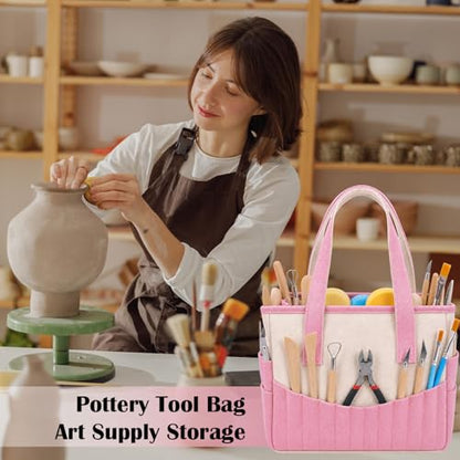 SilTriangle 14oz Pottery Tool Bag with Multiple Pockets Pink Canvas Art Supply Organizer Tote Bag for Storing Clay Sculpting Ceramic Tools Washable Canvas Craft Tote for Yarn and Crochet Supplies