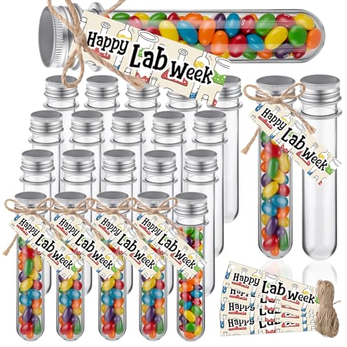 20 Sets Medical Laboratory Science Student Gifts 2026 Lab Week 45ml Plastic Test Tube with Cap Happy Tag Back to School Gifts for Science Laboratory Phlebotomist Microbiology Labs Tech