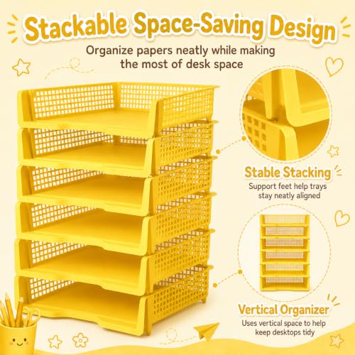 6 Pcs Yellow Turn in Trays Classroom, Stackable Paper Bins for Classroom, 13x9x2.8 inch Plastic Baskets Desktop Organization System Office (Yellow) - color: Yellow