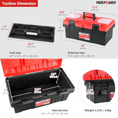 MAXPOWER 17 inch Tool Box, Small Plastic Toolbox with Handle - color: Red, size: 17"