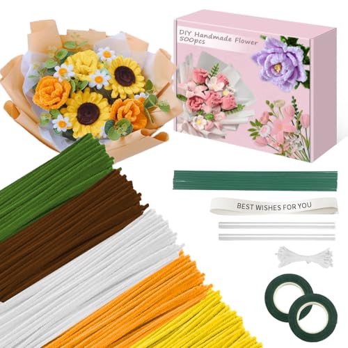 500 Pcs Pipe Cleaners Flower Kit,5 Colors Chenille Stems with Guide&Tools - color: Sunflower