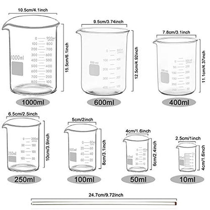 Borosilicate Glass Measuring Low Form Beaker Set 7 Pcs, 10-1000 mL - size: 10ml+50ml+100ml+250ml+400ml+600ml+1000ml