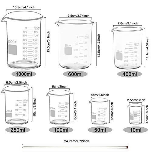 Borosilicate Glass Measuring Low Form Beaker Set 7 Pcs, 10-1000 mL - size: 10ml+50ml+100ml+250ml+400ml+600ml+1000ml