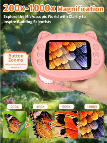 1000X Handheld Digital Microscope for Kids, 2.4" IPS Screen STEM Toys - color: Pink