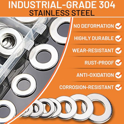 Stainless Steel Flat Washers Assortment Kit, SAE 304, 300-Piece Metal Screw Washers Set for Bolts, 8 Sizes #6; #10; #12; 1/4"; 5/16"; 3/8"; 1/2" - size: Stainless Steel - 300Pcs
