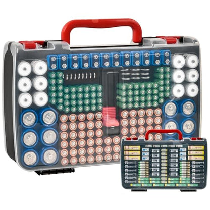Battery Organizer Storage Case with Tester for 269 Batteries, Double Sides - color: Black Case+Red Handle