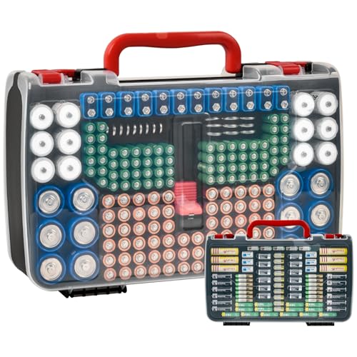 Battery Organizer Storage Case with Tester for 269 Batteries, Double Sides - color: Black Case+Red Handle