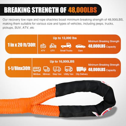 Nilight Kinetic Recovery Rope Kit with Soft Shackle Towing Strap - color: 1in x 20ft Rope + 2Pcs Soft Shackle