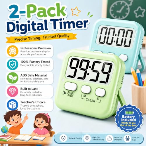 Antonki 2 Pack Digital Timer for Kids Classroom Kitchen Timers for Cooking - color: Lime Green + Mint Green