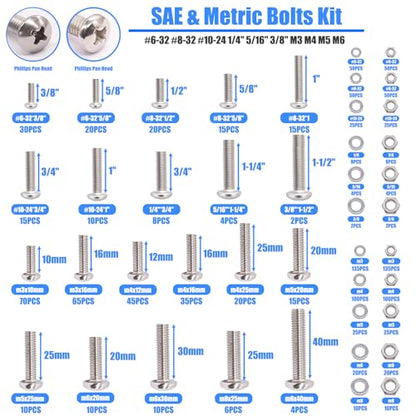 1287Pcs Nuts and Bolts Assortment Kit, 304 Stainless Steel Bolts Machine Screws Hardware Assortment Kit, Metric & SAE Phillips Pan Head Screws, Assorted Bolts, Nuts and Washers Kit - size: SS SAE & Metric Kit