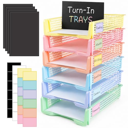 Set of 6 Pastel Turn in Trays with Label Stickers for Teachers Stackable Classroom Paper Letter Trays Plastic Classroom Desk Letter Organizer Tray Storage Baskets for Library, Drawers, Office, Home - color: Pastel