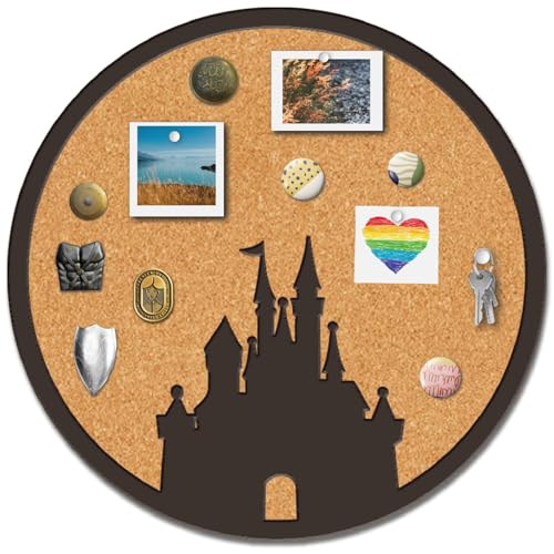 CRASPIRE Castle Pin Cork Board Round Framed Bulletin Display Badge 9.8x9.8 Wood Purple Decorative Corkboard Wall Mounted Memory Brooch Lapel Holder Storage for Home Room School Classroom Party - style: Round Castle