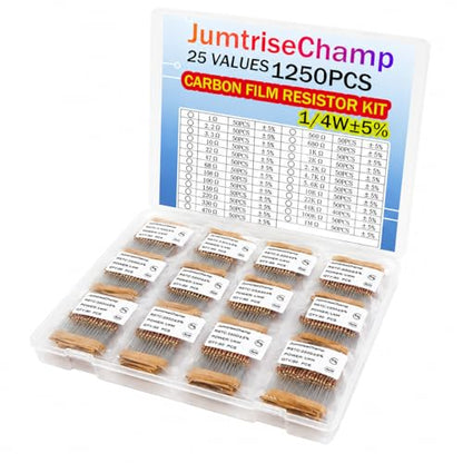 25 Values 1250pcs Resistor Kit 1 Ohm to 1M Ohm 1/4W ±5%
