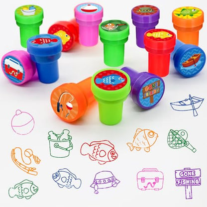 Cinrobiye 24 Pcs Gone Fishing Stampers Party Favor Set, Cute Fishing Theme Stamps for Kids Birthday Party, Classroom Rewards, Carnival Prizes, Goody Bag Fillers, Outdoor Adventure Party Supplies - color: Gone Fishing