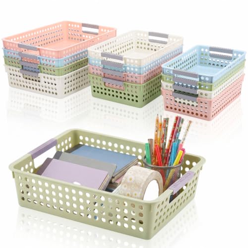 12 Pack Turn in Stackable Paper Trays for Classroom, 3 Size, Colorful Plastic Paper Bins with Handles Storage Basket Organizers for School Supplies A4 Documents Organization