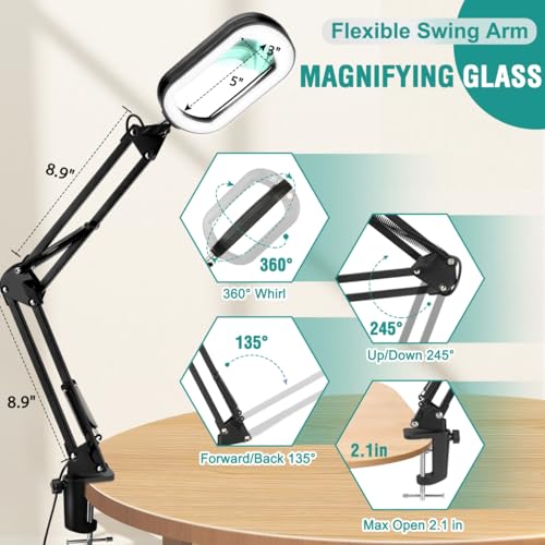 IVMAIE 12X Magnifying Glass with Light, Rectangle Real Glass Lens - color: Black, size: 17.8-Inch Swing Arm