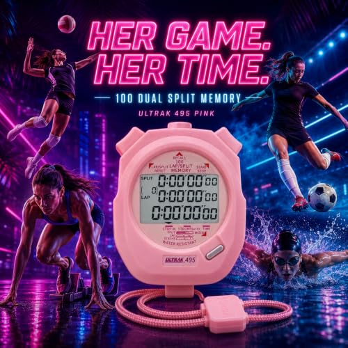 ULTRAK 495 Pink Stopwatch, 100 Dual Split Memory, 3-Row Display for Coaches - color: Pink