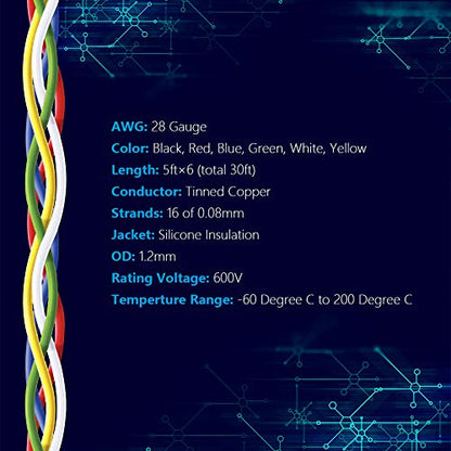Fermerry 28 AWG Stranded Wire Spool 5ft Each 6 Colors - size: 5FT, style: 28 AWG-6C
