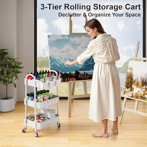 3 Tier Heavy Duty White Metal Rolling Cart with Lockable Wheels, Baby Carts - color: Simple White, size: 3 tier