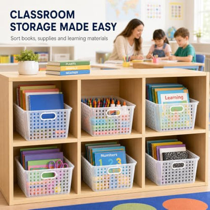 gisgfim 6 Pack Medium Plastic Book Baskets 11 x 7.5 x 4.5 Inches Storage Baskets for Books Papers Supplies s Pantry Shelf Desk Home and Office Use（Clear） - color: Clear