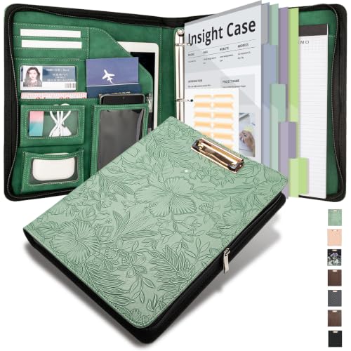 Clipboard with Storage for Men Women, Leather Padfolio Portfolio with Zipper, 1 Inch 3 Ring Binder 5 Dividers, Notepad for Letter Size, Elastic Closure and Pen Loop, Card Slot,Green - color: Green