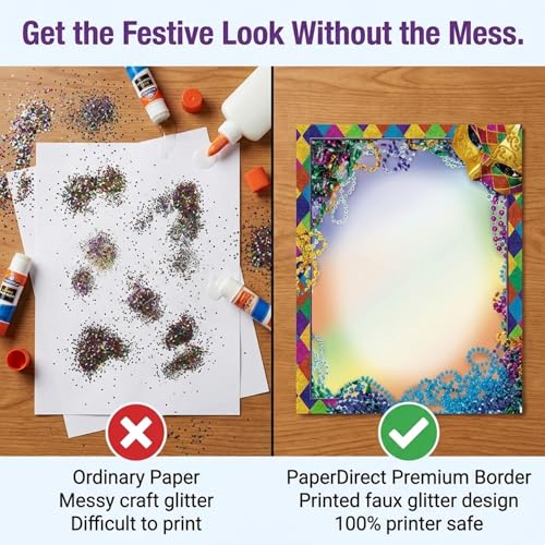 PaperDirect Bourbon Street Mardi Gras Border Paper, Multicolor Harlequin Glitter Print with Mask and Beads Design, 8.5 x 11, Acid-Free, Stationery for Party Invitations, Cards, 25 Sheets - color: Bourbon Street