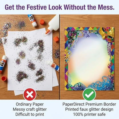 PaperDirect Bourbon Street Mardi Gras Border Paper, Multicolor Harlequin Glitter Print with Mask and Beads Design, 8.5 x 11, Acid-Free, Stationery for Party Invitations, Cards, 25 Sheets - color: Bourbon Street