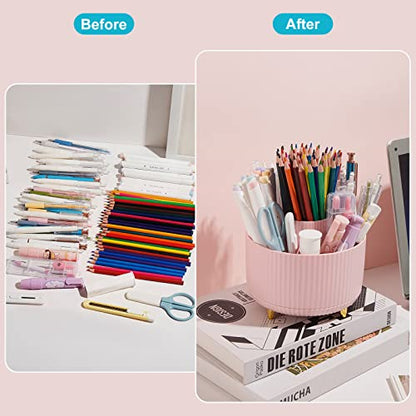360 Degree Rotating Desk Pen/Pencil Holder, 5-Slot Organizer, Cute Pink Desk Accessory - color: Elegant Pink