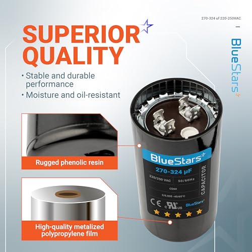 [2025 Upgraded] BlueStars 270-324 uF MFD 220-250 VAC Motor Start Capacitor - size: 270-324 MFD 220-250 VAC