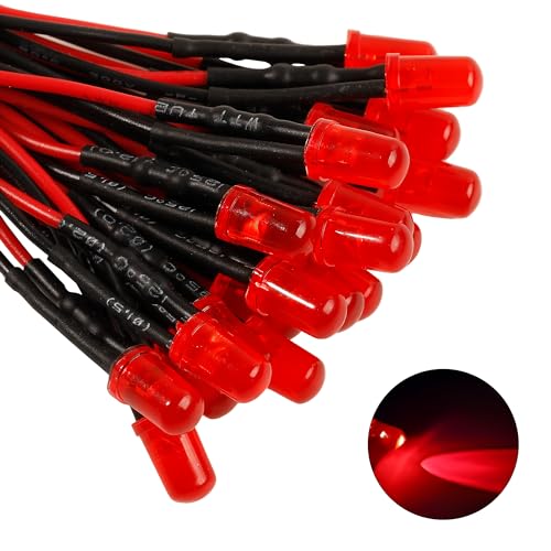 60pcs 12v Pre Wired Led Diode Lights,5mm Red Led Light Emitting Diodes for DIY Scientific Experiment - color: Red-red(60pcs)