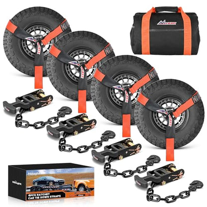 Nilight 2" x 96" Lasso Style Car Tie Down Straps with Chain Hook Anchors - color: 2in x 96in Wheel Straps 4 Pack