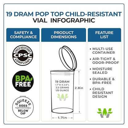 W Gallery 50 Black Vials - 19 Dram Pop Top Bottles, Child Resistant - color: Black