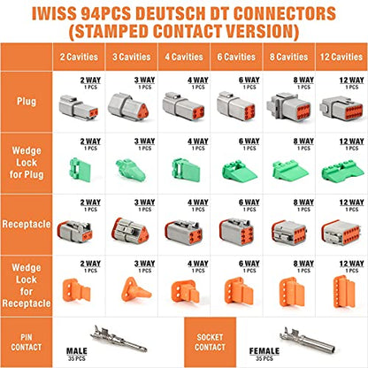 IWISS Deutsch DT Connector Kit in 2,3,4,6,8 and 12 Pin Configurations, Size 16 Stamped Contacts, Sealed Automotive Electrical Connectors, 94 Pieces - size: 2,3,4,6,8,12 PIN(1 Pairs)