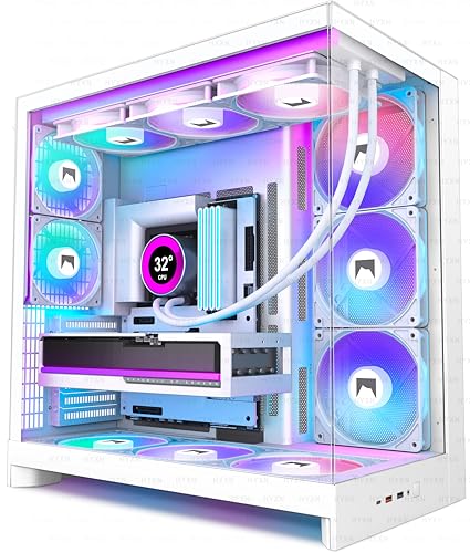 H2 (2026) HYXN ATX PC Case, Pre-installed 8 PWM ARGB Fans (6X140mm,2X120mm), Large Dual-Chamber ATX Mid-Tower Airflow Computer Case, Gaming PC Case, 420mm Radiator Support, Type-C 3.2 (White RGB) - color: White RGB