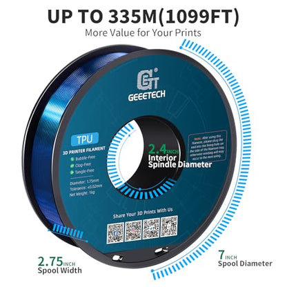 Geeetech TPU Filament 1.75mm, Shore 95A Flexible 3D Printer Filament with High Elasticity, 1KG (2.2lbs) Spool, Dimensional Accuracy ±0.03mm, Fits Most FDM Printers, Clear Blue - color: Tpu Clear Blue