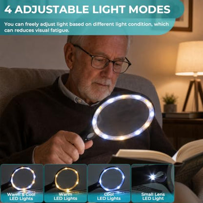5 Inch Large Magnifying Glass with Light, 10X 30X Rechargeable Lighted Handheld Magnifier with 20X Pocket Magnifying Glass for Low Vision Seniors Reading Small Prints Close Work