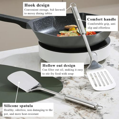 Stainless Steel Spatulas Set, ReaNea Silver Slotted Turner, Solid Turner, Heavy Duty Sturdy Kitchen Spatula High Heat Resistant, Ideal Cookware for Fish,Eggs,Pancakes, Dishwasher Safe, Easy to Clean