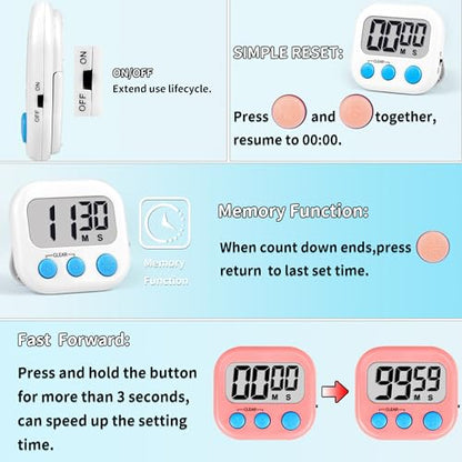 Timer for Kids Digital Kitchen Timers for Cooking- 2 Pack White Pink - color: White Pink