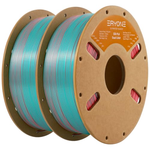 ERYONE Silk Dual Color PLA Filament 3D Printer 1.75mm +/- 0.03mm, Bicolor Filament Two Tone PLA Bundle 2KG Cardboard Spool, Teal&Orange Red - color: 2*1kg Dual Silk Teal&orange Red, size: Silk Pla-2kg