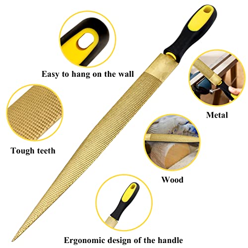 Wood File, Needle File Set Wood Files for Wood Working Wood Rasp Files Tools Golden Tapered Wood Rasp Bastard File with Rubber Handle in Gift Bag for Carving 2 Pack (6 * 8 inch)