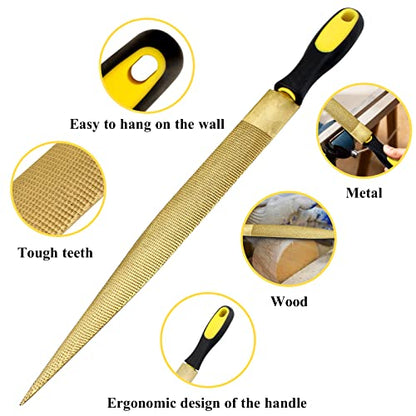 Wood File, Needle File Set Wood Files for Wood Working Wood Rasp Files Tools Golden Tapered Wood Rasp Bastard File with Rubber Handle in Gift Bag for Carving 2 Pack (6 * 8 inch)