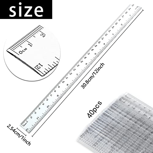 Koogel 40 Packs Clear Plastic Ruler, 12 Inch, Plastic Measuring Tool with Centimeter and Millimeter, Shatterproof Metric Clear Rulers Bulk for Kids, Back to School, Classroom, School, Office, Home