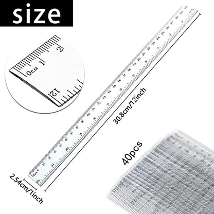 Koogel 40 Packs Clear Plastic Ruler, 12 Inch, Plastic Measuring Tool with Centimeter and Millimeter, Shatterproof Metric Clear Rulers Bulk for Kids, Back to School, Classroom, School, Office, Home