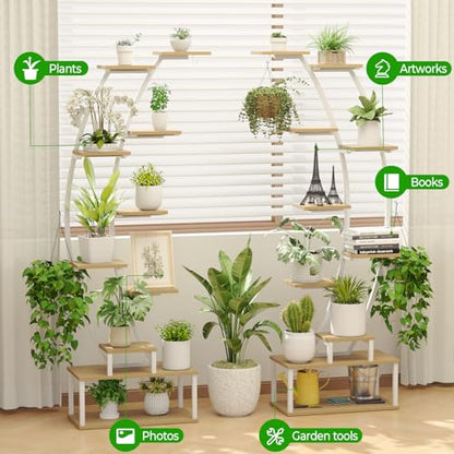 Plant Stand Indoor with 8 Grow Light,65" Tall 10 Tier White Half Moon Shelf - color: Light Brown Board White Metal 10 Tier 2 Pack